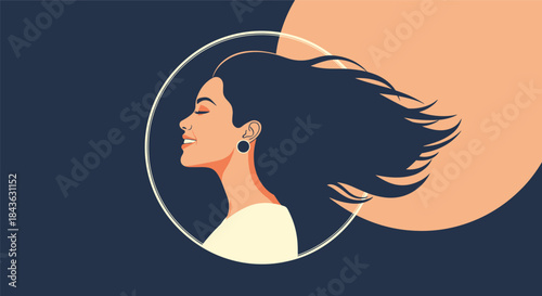Beautiful serene woman in profile with long dark hair blowing in the wind, smiling peacefully with her eyes closed in an illustration.