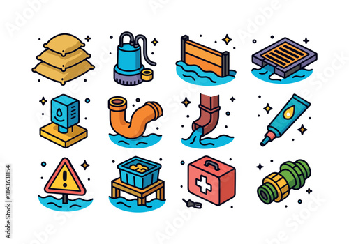Colorful Flood Prevention Icons. Flood Prevention. Colorful isom