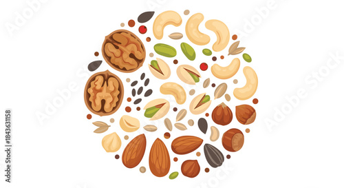 Circular arrangement of various healthy nuts and seeds, including walnuts, cashews, almonds, and pistachios, on a white background.