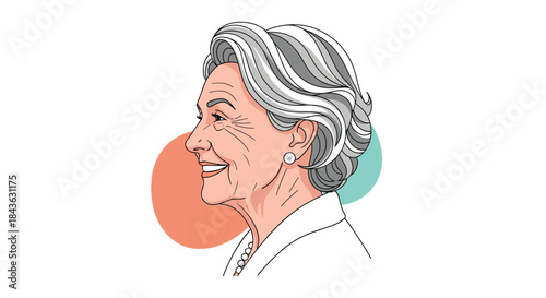 Profile portrait illustration of a happy and elegant elderly woman with gray hair and a pearl earring smiling gracefully.
