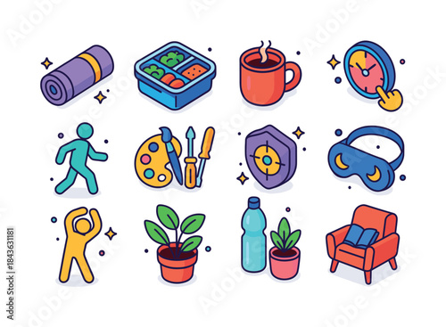 Balanced Life Icons. Work-life balance. Colorful isometric vecto