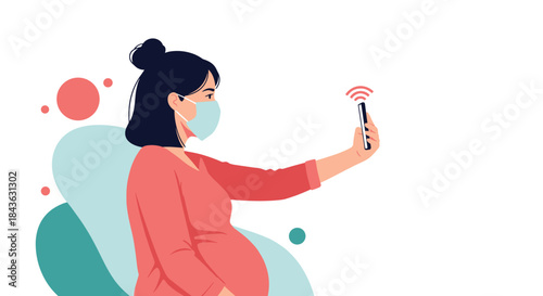 Side view illustration of a pregnant woman wearing a face mask while holding a smartphone, possibly for a virtual consultation.