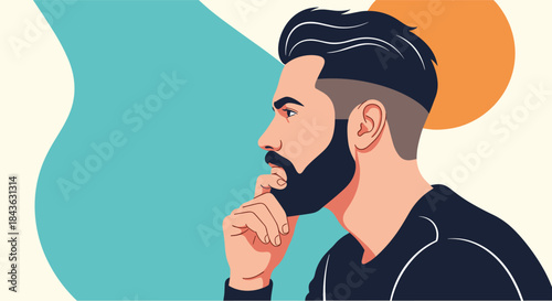 Side profile illustration of a handsome, bearded man with a modern hairstyle thinking deeply with his hand on his chin.