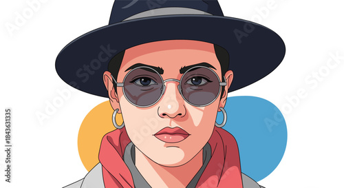 Close-up illustrated portrait of a stylish androgynous person wearing a fedora hat, round sunglasses, and hoop earrings.