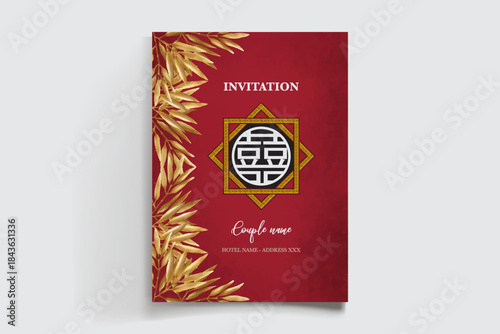 WEDDING INVITATION FRAME WITH FLOWER DECORATIONS AND FRESH LEAVES