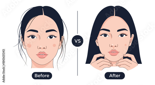 Before and after vector illustration showing a woman's face, demonstrating the cosmetic effect of jawline contouring or V-line surgery.