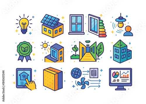 Sustainable Building Icons. Sustainable Buildings. Colorful isom