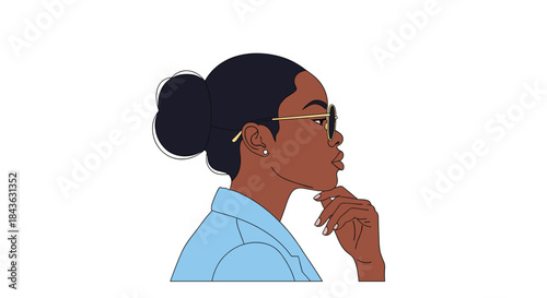 Minimalist line art illustration of a professional Black woman in profile wearing glasses, thoughtfully resting her chin on her hand.