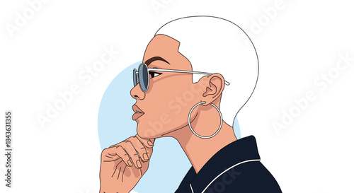 Stylish modern illustration of a woman with short white hair, sunglasses, and hoop earrings, in a thoughtful, pensive pose.