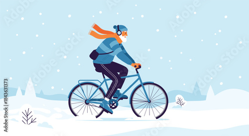Man with a beard and headphones rides a bicycle through a snowy landscape during a gentle snowfall in this winter scene.