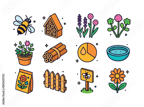 Bee-Friendly Icons Set. Bee-Friendly Gardens. Colorful isometric