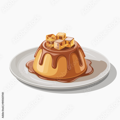 An appetizing illustration of a creamy dessert topped with caramel cubes, beautifully presented on a plate, evoking cravings and enjoyment for sweet treats and culinary art.