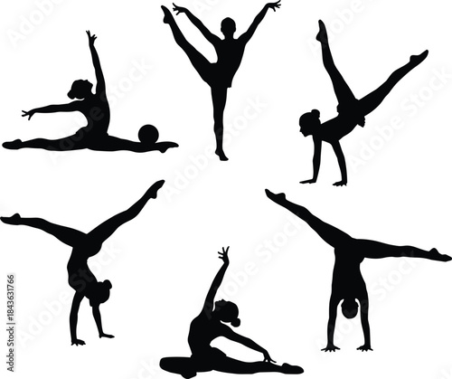 Gymnast, silhouette, pose, flexibility, balance, strength, split, handstand, stretch, ball, dynamic, athletic, black, white, movement, sport, elegance, female, performance, illustration
