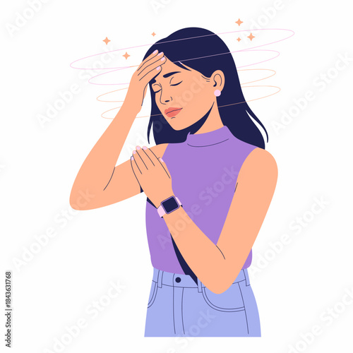 A woman appears to be feeling unwell or overwhelmed, grasping her head in a moment of distress, capturing human emotions and the experience of stress and discomfort.