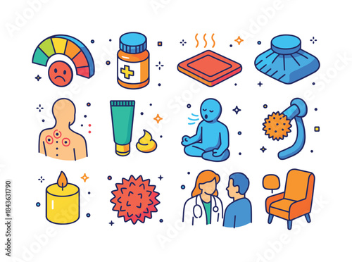 Isometric Pain Relief Icons. Pain management. Colorful isometric