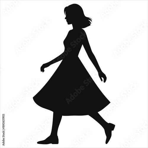 Spring Vector Woman Walking in Flowy A-Line Dress – Dynamic Pose Silhouette for Seasonal Fashion, Marketing, and Background Design