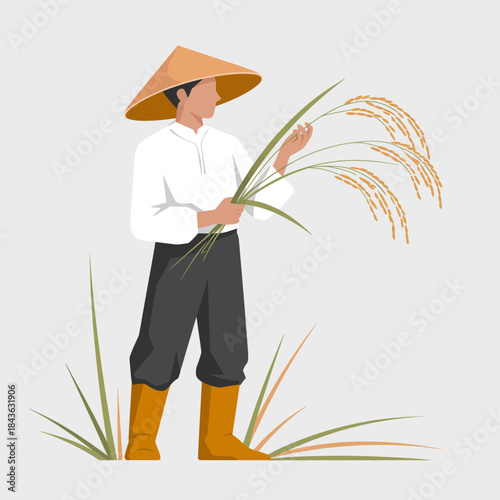 A farmer dressed in traditional clothes stands in a field, holding stalks of rice, symbolizing hard work and connection to agriculture and nature.