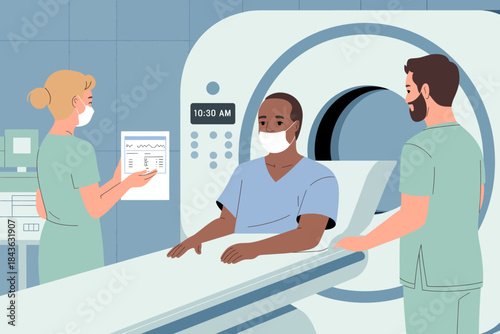 A well-coordinated medical team helping a patient in an imaging room, focusing on health and care, highlighting professionalism and empathy in modern medical services.