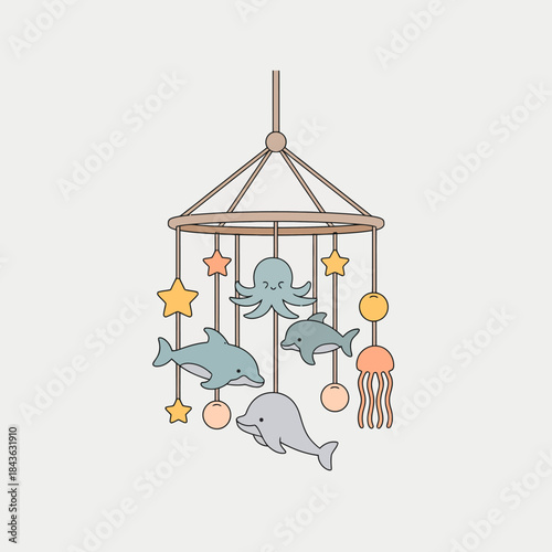 This charming mobile design features adorable underwater creatures like dolphins and jellyfish, brightening up any nursery with a joyful ocean theme.