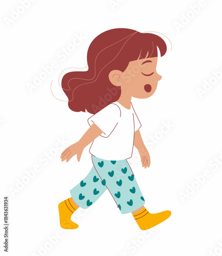 A joyful girl in playful heart-patterned pants walks with a cheerful expression, embodying innocence and the carefree spirit of childhood in a bright, colorful design.