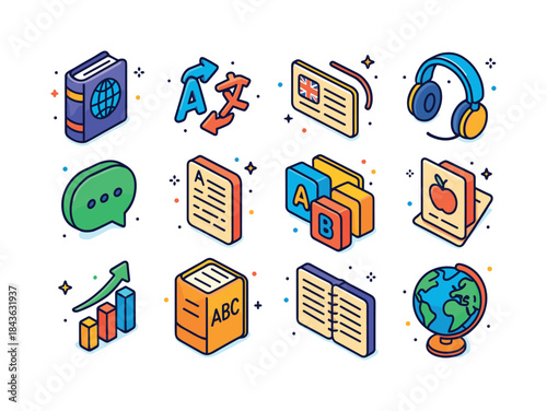 Language Learning Icons. Language learning. Colorful isometric v