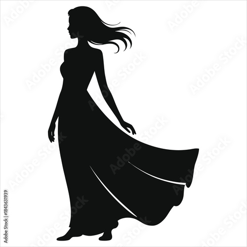 Spring fashion vector silhouette of elegant woman in flowing maxi dress blowing in the breeze, long gown and hair wind swept, minimal black illustration isolated on white background