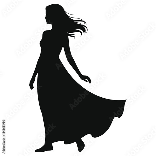 Elegant silhouette of a woman wearing a flowy spring maxi dress blowing in the breeze, stylish vector illustration for fashion, seasonal themes, femininity, and graceful motion concepts.
