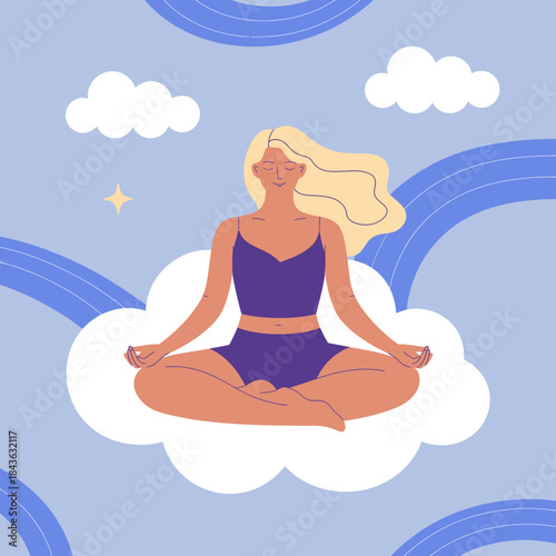 A serene woman meditating peacefully on a fluffy cloud, surrounded by rainbows and soft clouds, representing tranquility, mindfulness, and inner peace in a whimsical manner.