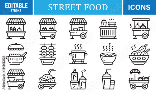 Street food and mobile vendor icon set in editable stroke style