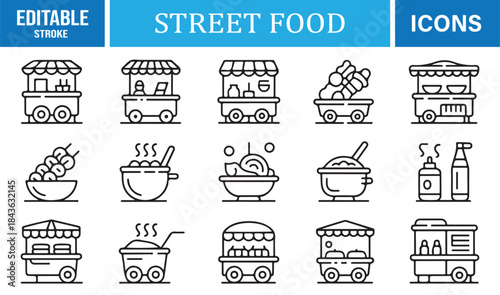 Clean line-style icons representing urban street food culture