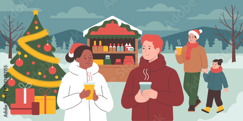 This cheerful winter scene captures families enjoying warm beverages and festive activities at a holiday market, embracing the joy of togetherness and seasonal celebrations.