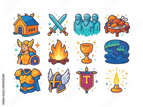 Valhalla Icon Set. Valhalla. Colorful isometric vector icons set