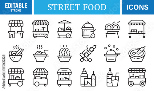 Outline icons of market stalls, food carts, and mobile vendors