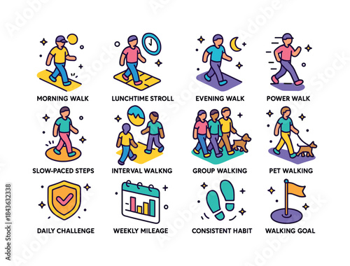 Colorful Walking Routine Icons. Walking Routines. Colorful isome