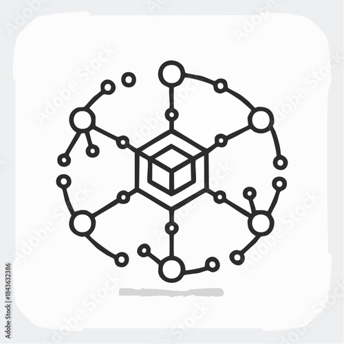 Abstract representation of a decentralized network structure with a central cube and connecting nodes, symbolizing data flow and interconnected systems