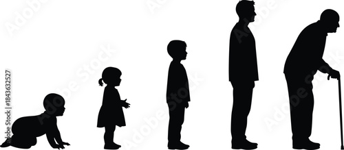 Human life stages, baby to elderly, age progression, silhouette illustration, development concept, aging process, biology education, black vector, timeline design, growth cycle