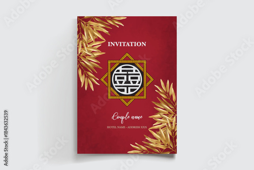 WEDDING INVITATION FRAME WITH FLOWER DECORATIONS AND FRESH LEAVES