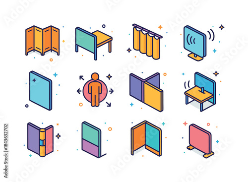 Privacy Icons Set. Privacy in shared spaces. Colorful isometric
