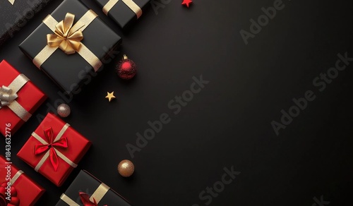 Black background with Christmas gifts and present boxes, black and red color palette for gift box decoration and advertising concept