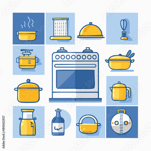 Collection of kitchen utensils and cooking equipment displayed in a grid pattern, perfect for culinary themes and kitchen decor