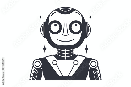 Monochromatic robot with shining stars smiles, featuring retro design and futuristic appeal