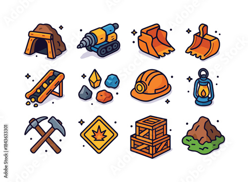 Colorful Mining Icons Set. Mining Operations. Colorful isometric