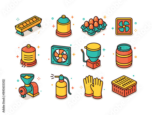 Colorful Poultry Equipment Icons. Poultry Equipment. Colorful is