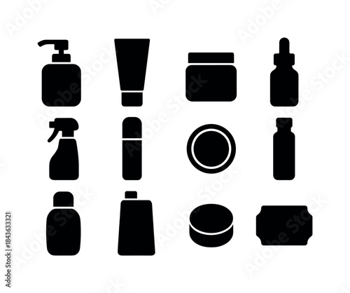 Black Cosmetic Icons. Cosmetic bottles. Solid icon set of cosmet