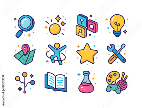 Exploring Interest Icons. Exploring Interests. Colorful isometri