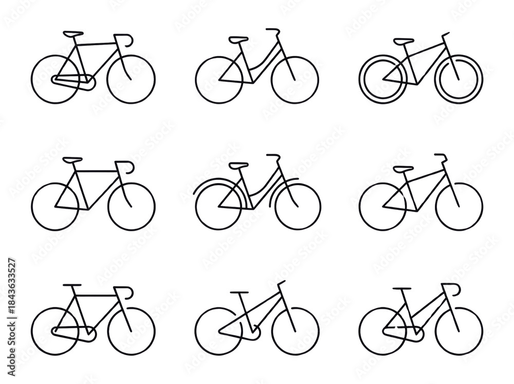 Fototapeta premium Line style bicycle collection with various models on transparent background