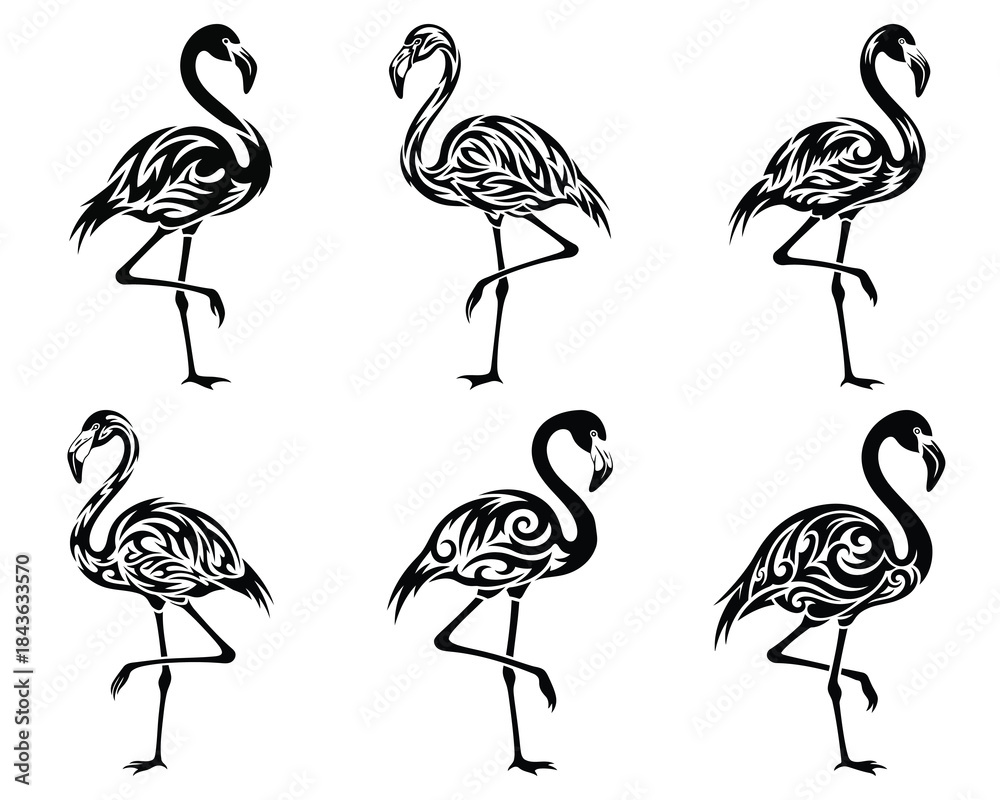 Obraz premium Stylized tribal art illustration of flamingos with intricate designs on their bodies showcasing minimalist black and white patterns perfect for design projects and