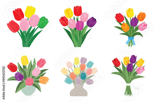 Colorful tulip illustration with vibrant red yellow pink and purple tulips arranged in a vase set against a neutral background