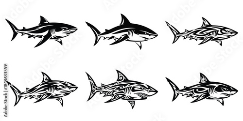 Six tribal inspired black and white shark designs showcasing intricate patterns for modern graphic design projects and branding