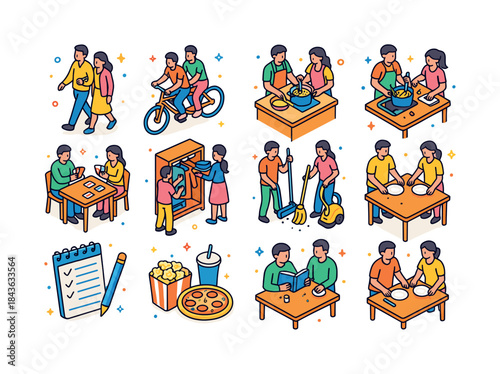 Couple Activities Icons. Couple activities. Colorful isometric v